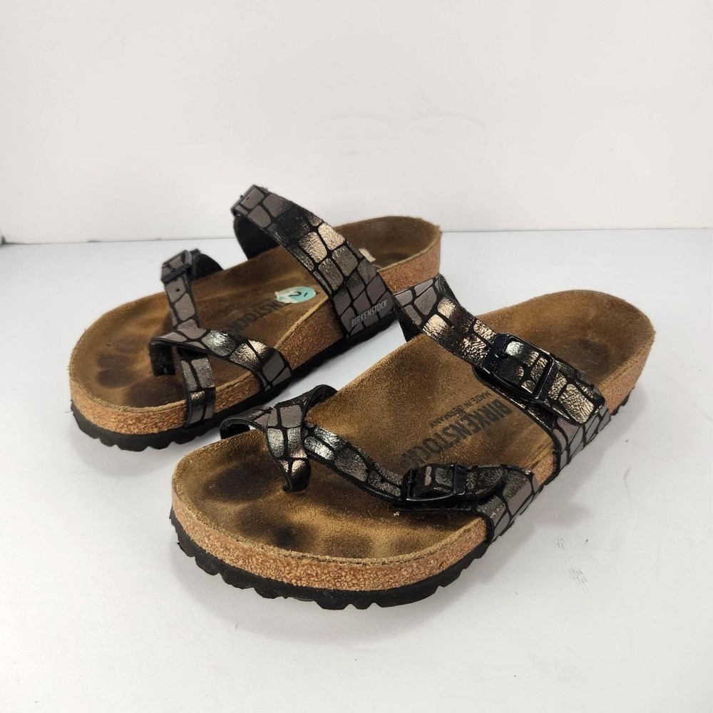 Birkenstock Mayari Women's 37 L6 M4 Metallic Black Croc Toe Loop Sandals